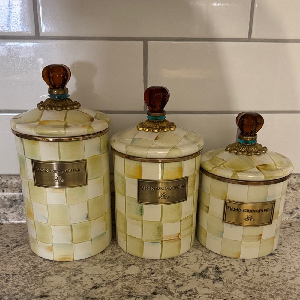 Mackenzie Childs cream and gold canister set